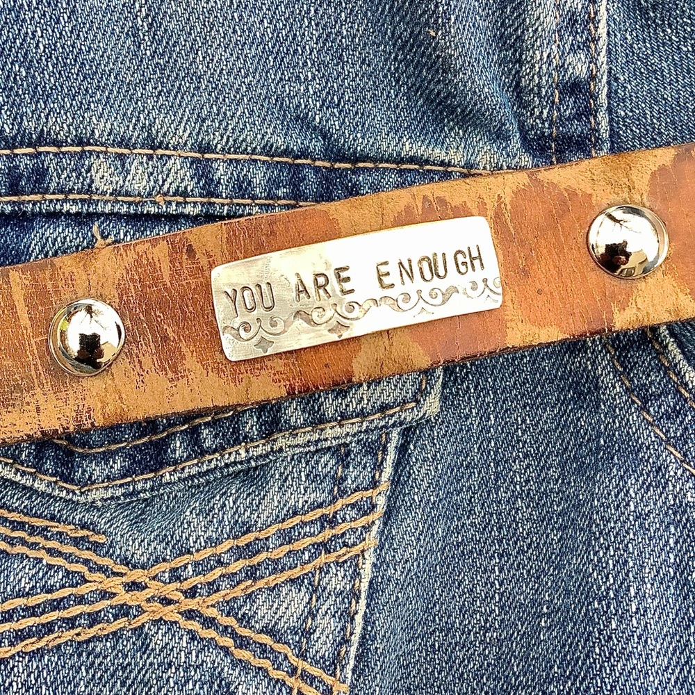 Leather message bracelet, up to 7 1/2” wrist